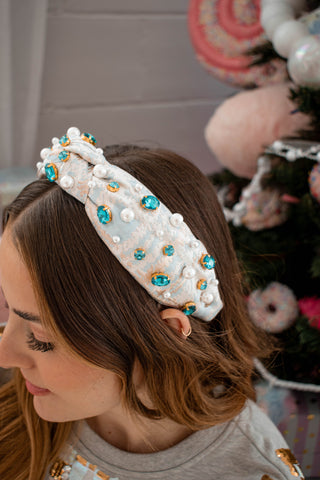 Blue Jacquard Metallic Headband with Crystals and Pearls
