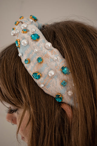 Blue Jacquard Metallic Headband with Crystals and Pearls