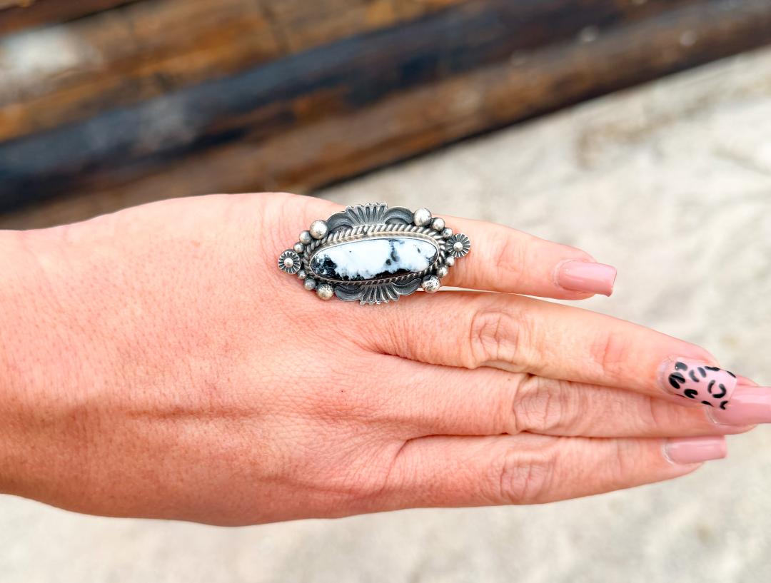Large One-Stone White Buffalo Ring – Adjustable