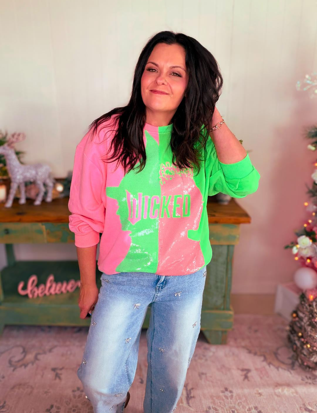 Licensed Green & Pink Colorblock Character Profile Wicked Sweatshirt – Multi | Queen of Sparkles