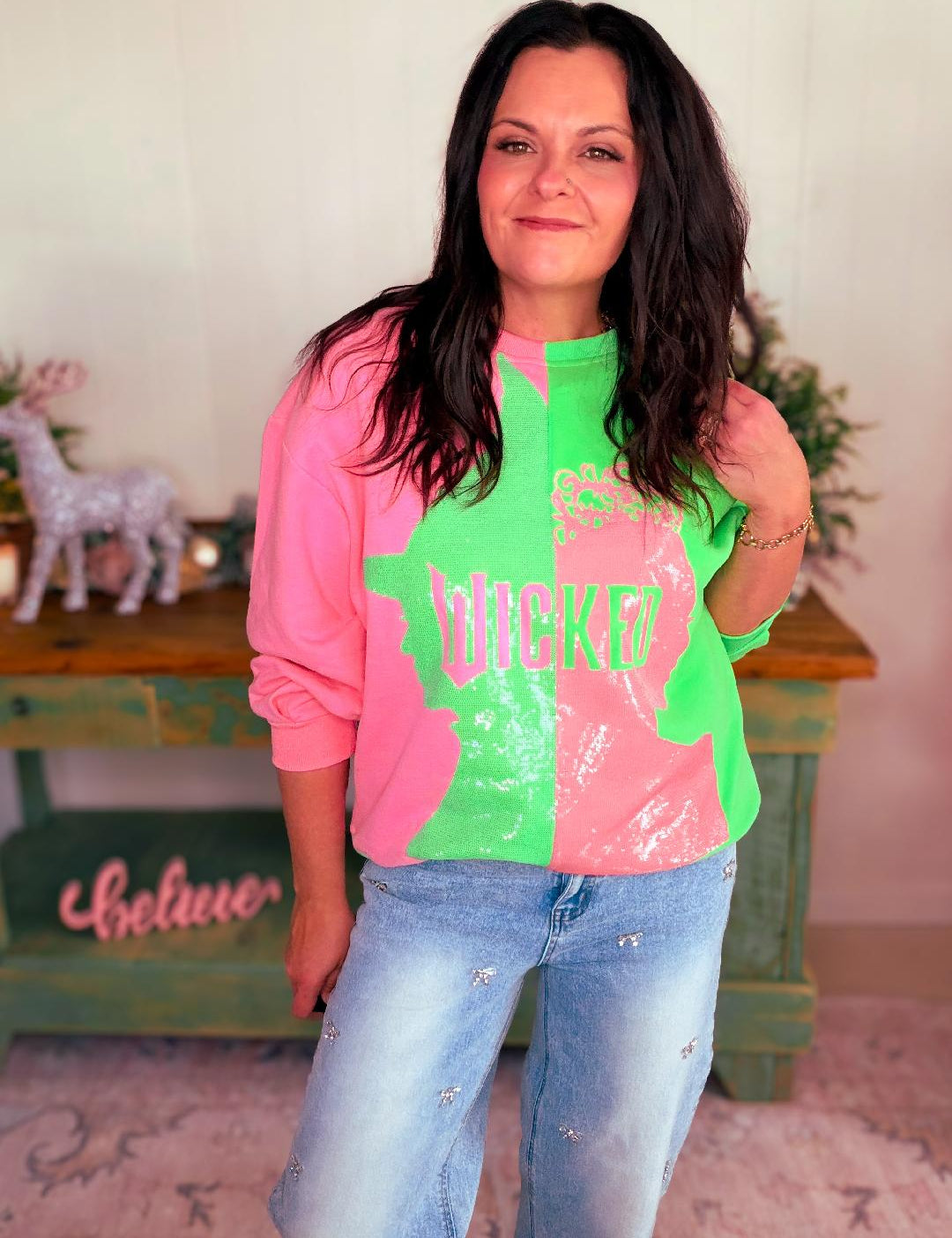 Licensed Green & Pink Colorblock Character Profile Wicked Sweatshirt – Multi | Queen of Sparkles