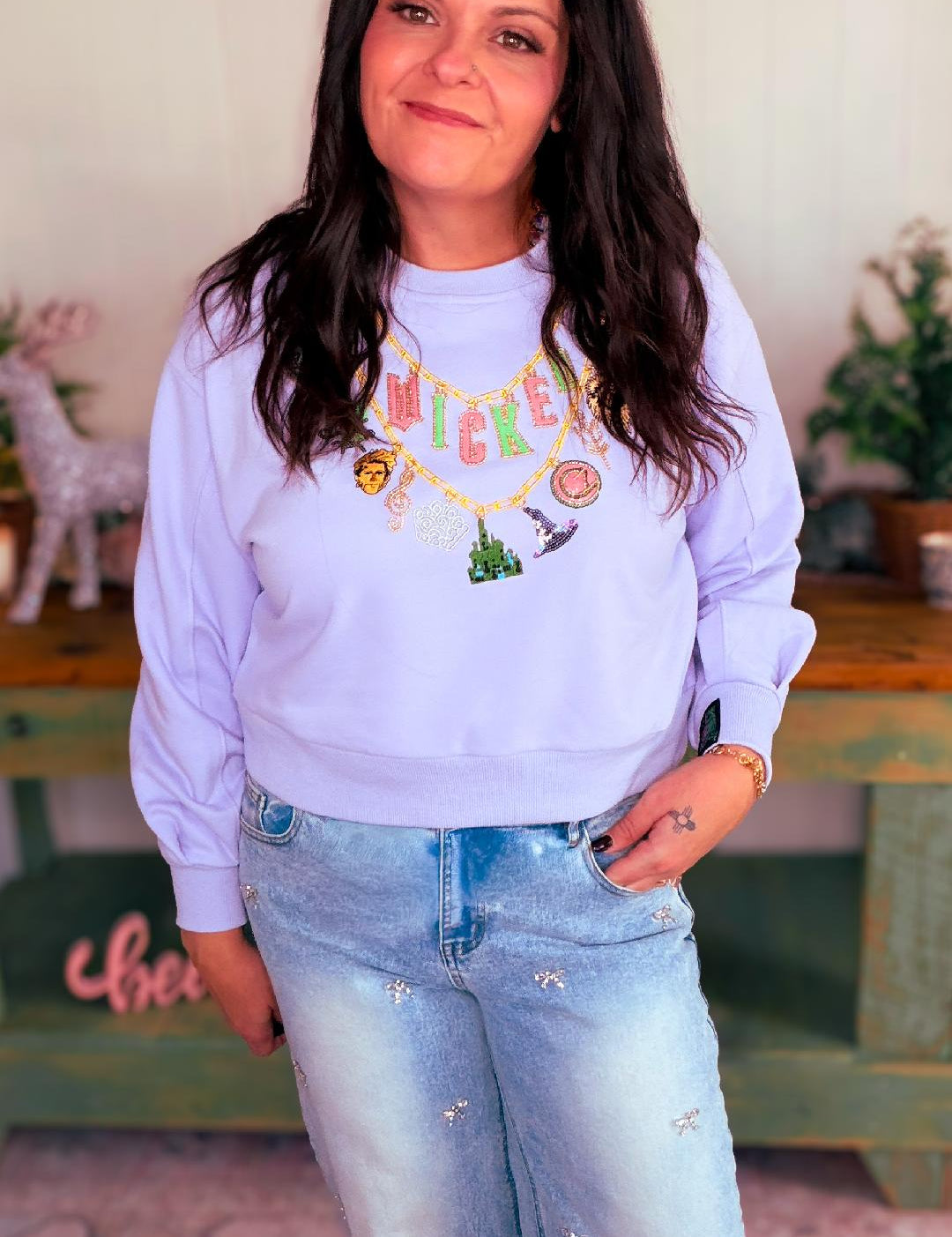 Licensed Lavender Wicked Charm Necklace Sweatshirt – Lavender | Queen of Sparkles