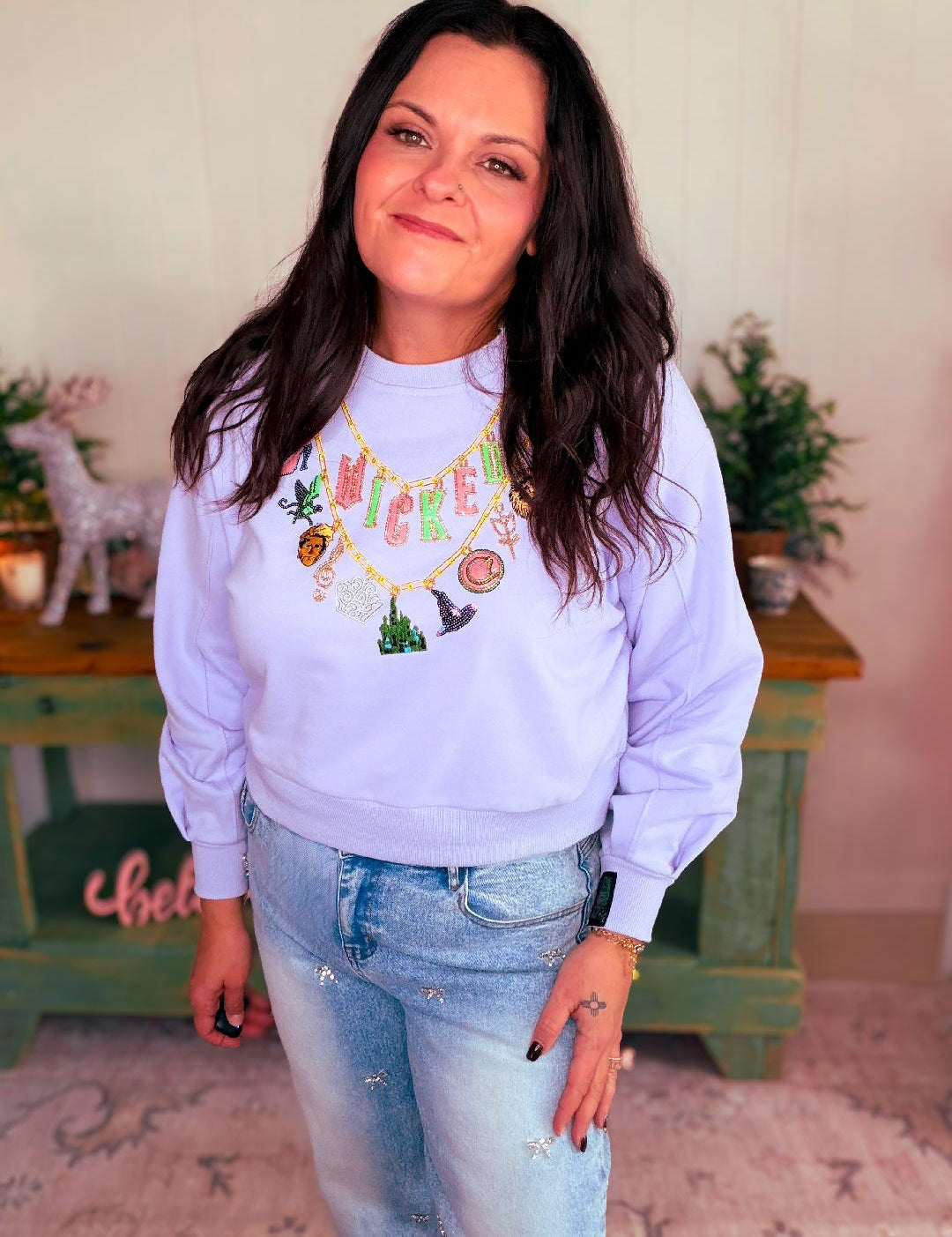 Licensed Lavender Wicked Charm Necklace Sweatshirt – Lavender | Queen of Sparkles