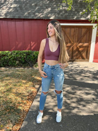 Keep The Pieces Dark Mauve Plunged Crop Tank Top