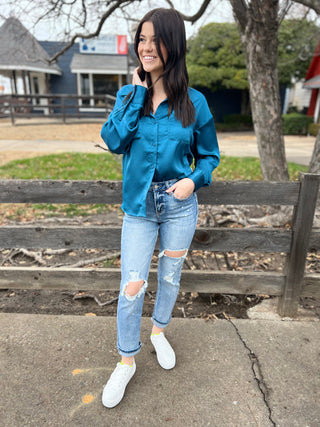 In My Mind Teal Satin Button Down Top
