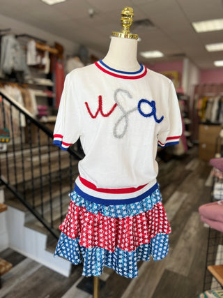 Queen of Sparkles Red, White & Blue Sequin Star Skort