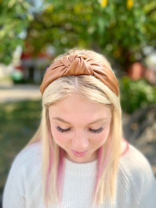 Brown Knotted Faux Leather Headband