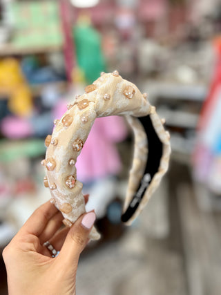 Champagne Metallic Headband with Iridescent Quatrefoils