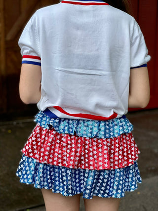 Queen of Sparkles Red, White & Blue Sequin Star Skort