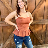 Baby It's Fall Brick Denim Strapless Top