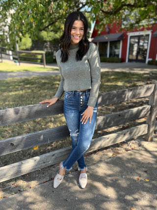 Happier Than Ever Sage Mock Neck Sweater