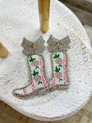 Vintage Rose Boot Earrings - Silver