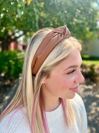 Brown Knotted Faux Leather Headband