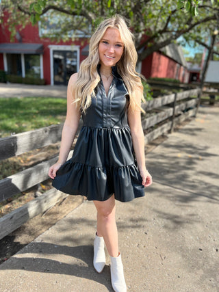 Never Here Black Faux Leather Ruffle Dress
