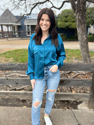 In My Mind Teal Satin Button Down Top