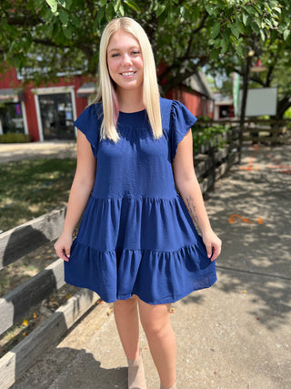 Running Out Of Road Navy Ruffle Dress