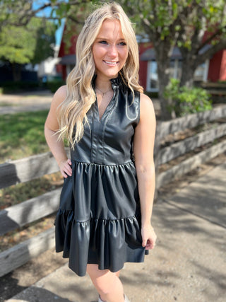 Never Here Black Faux Leather Ruffle Dress
